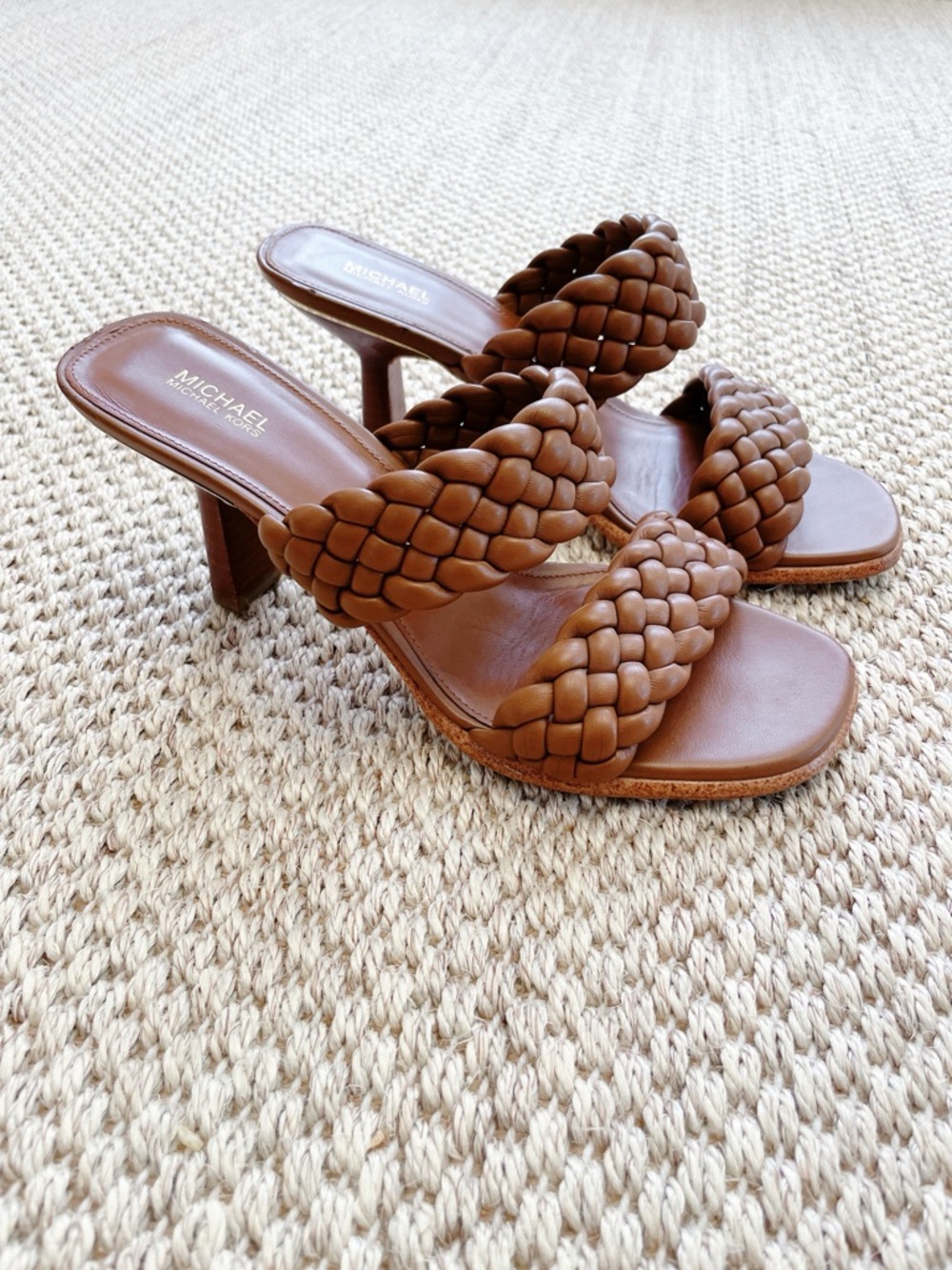 Michael Kors Woven Leather Mule Heels Brown Size 9 | Braided Slide Sandals